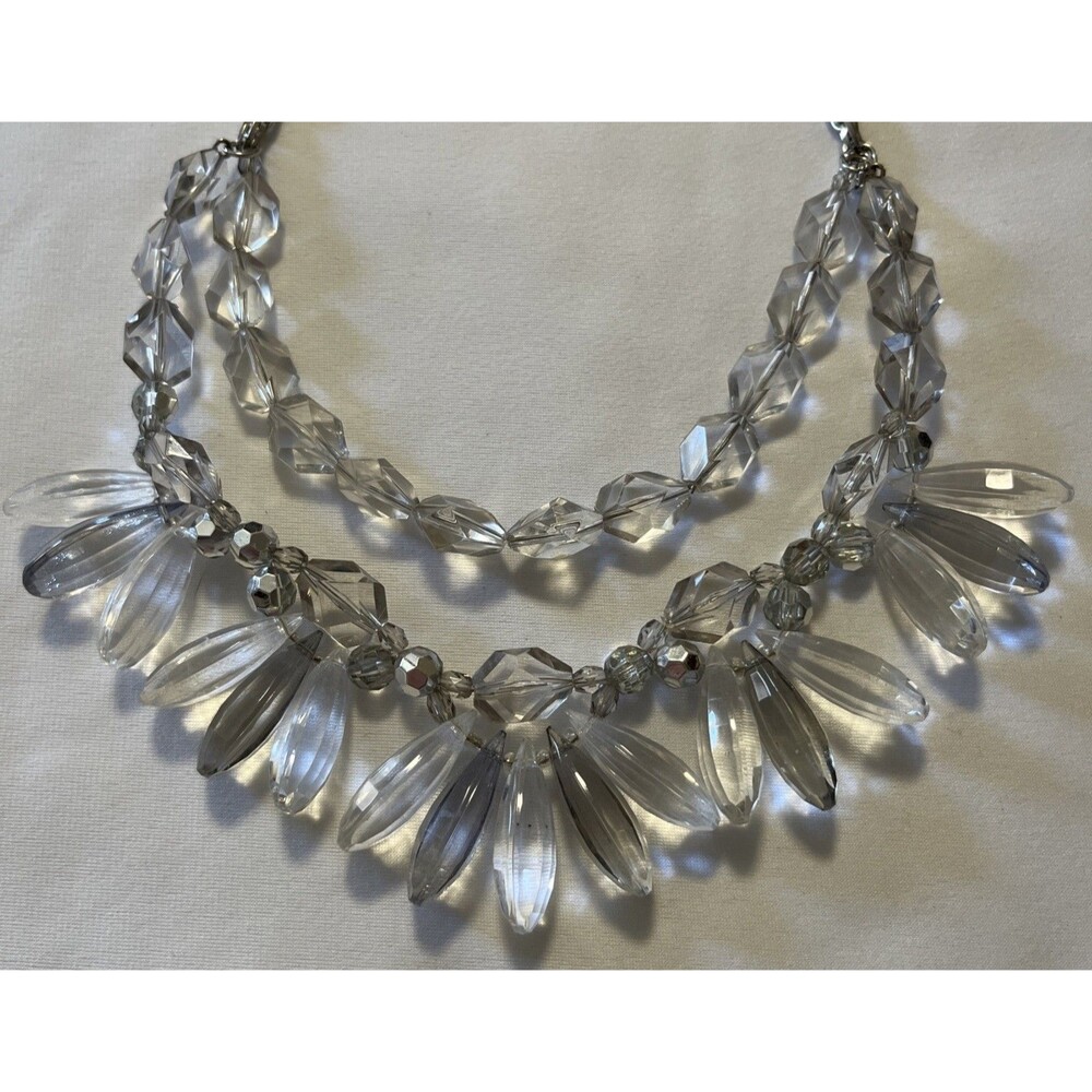 LOFT VINTAGE CHUNKY Double Chain Clear Acrylic Bead Necklace Silver Tone 18” - Picture 2 of 10